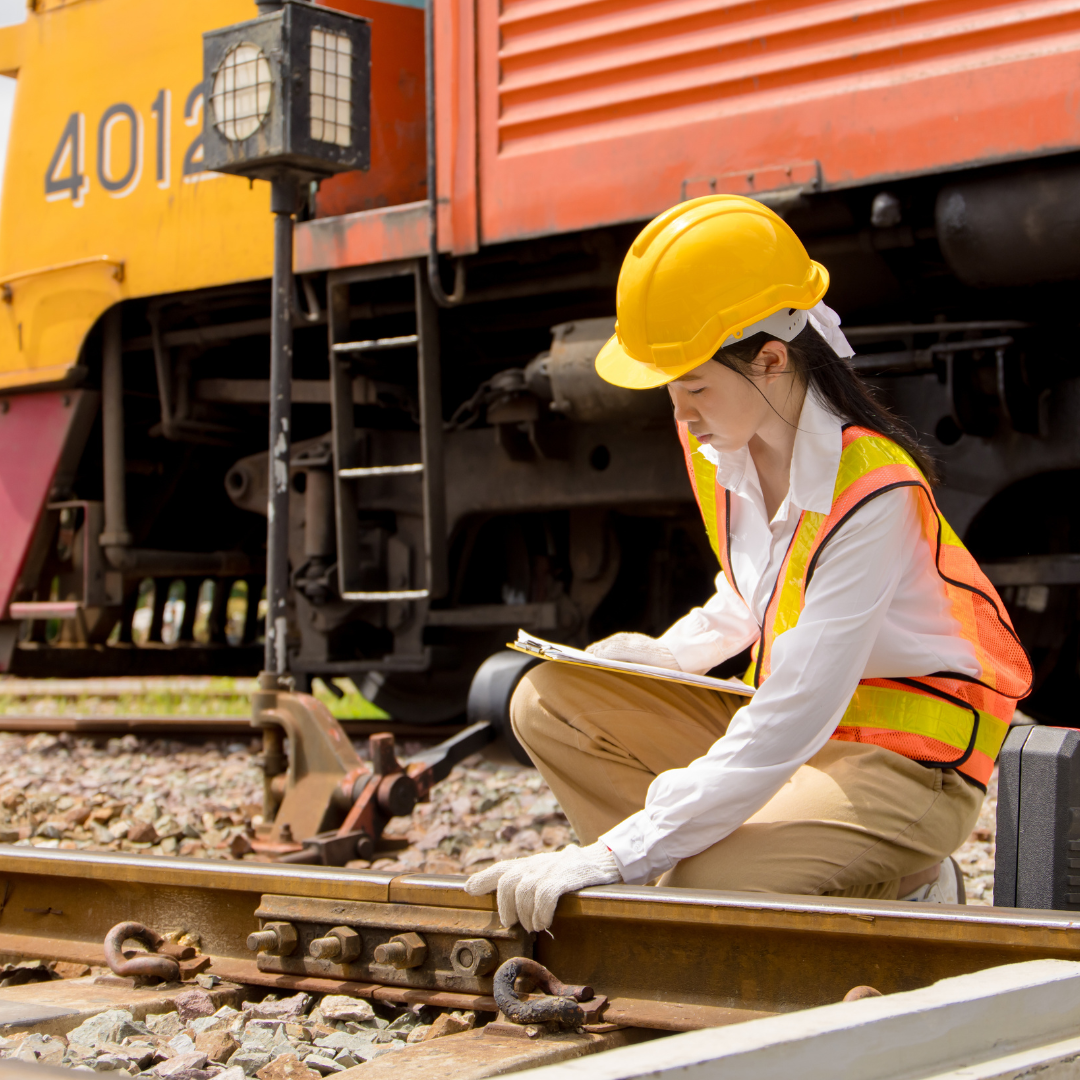 Man inspecting railroad tracks with a train in the background.